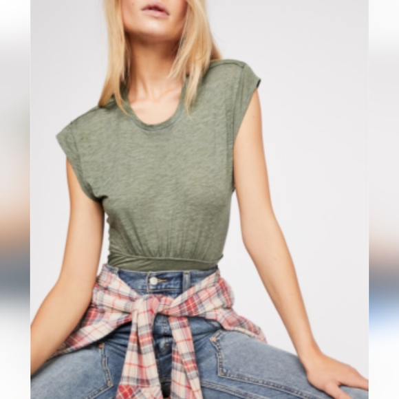 Free People We The Free Olive Green Muscle Tee Cap Sleeve Blouse - Picture 1 of 7